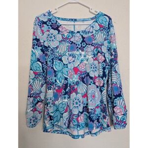 T by‎ Talbots M Petite Top UPF 50 Sun Protection Blue Floral V-Neck Long Sleeve